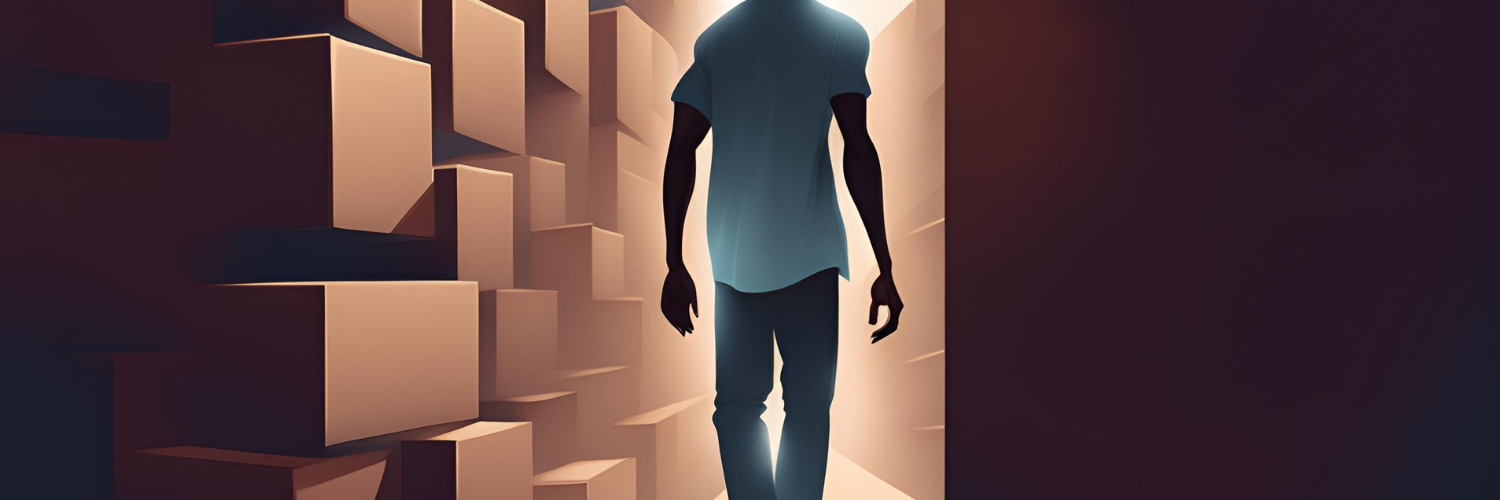 un homme marchant au milieu de hauts murs autour de lui